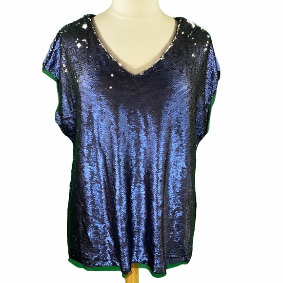 Rebel Wilson Navy Silver Flip Sequin V-Neck Top